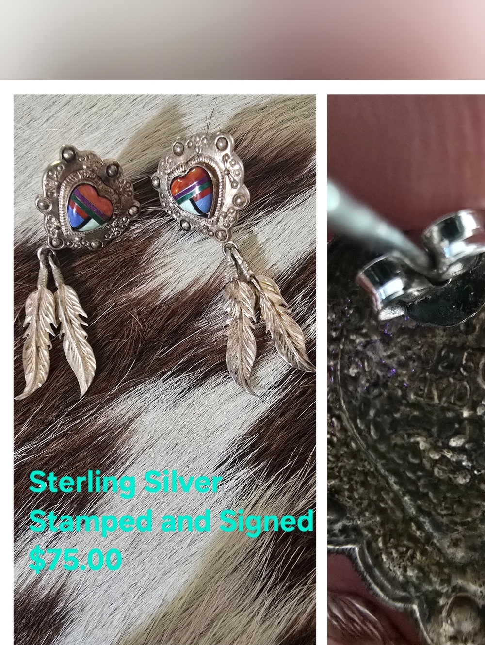 Sterling Silver Heart Dangle Earrings with Multicolor Inlay
